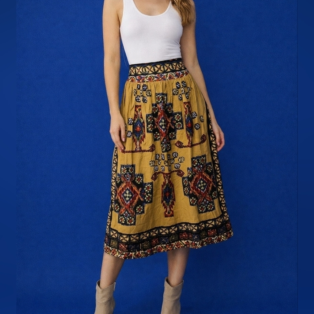 WD.NY Southwestern Aztec High Waist Cowgirl Midi Skirt